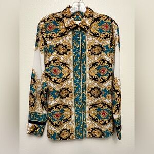 Boston Proper Women's Baroque Print Blouse - Black, Gold, Teal, Red